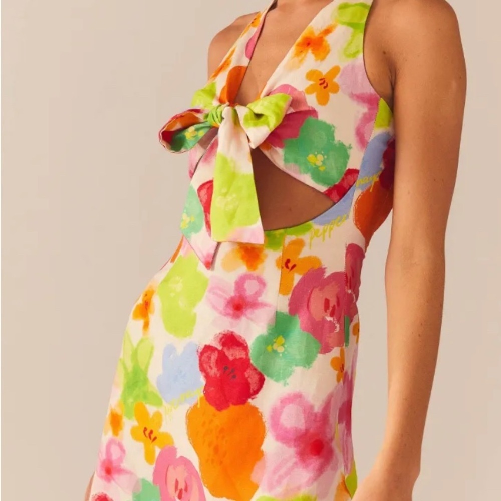 Peppermayo Pink and Orange Halter floral Tie Front Dress